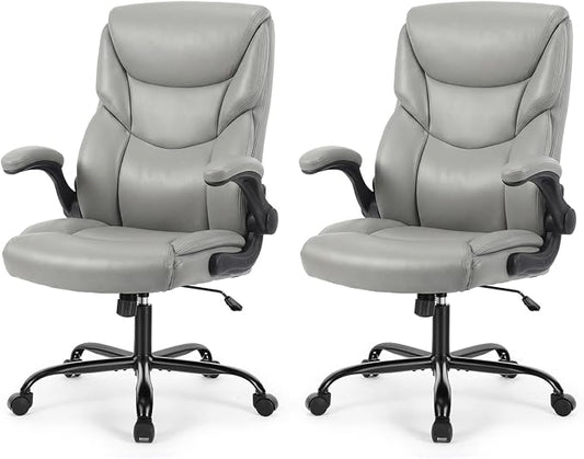 Sweetcrispy Office Computer Gaming Chair Set of 2, Ergonomic High Back Heavy Duty Task Desk Office Chairs with Wheels, Flip-up Arms, Adjustable Height, PU Leather, Grey