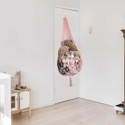 Amdermi Stuffed Animal Hammock Corner Hanging Net for Stuff Animal Storage Macrame Toy Display Plush Toy Holder-Perfect for Tiny Space Walls-Kid Bedroom Decor Nursery Playroom Organizer (Light Pink)