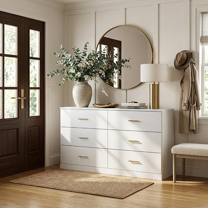 47" Modern White Dresser for Bedroom, 6-Drawer Wooden Chest of Drawers with Gold Handles,Wide Storage Cabinet for Living Room, Kid&Nursery Entryway