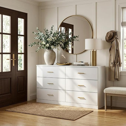 47" Modern White Dresser for Bedroom, 6-Drawer Wooden Chest of Drawers with Gold Handles,Wide Storage Cabinet for Living Room, Kid&Nursery Entryway