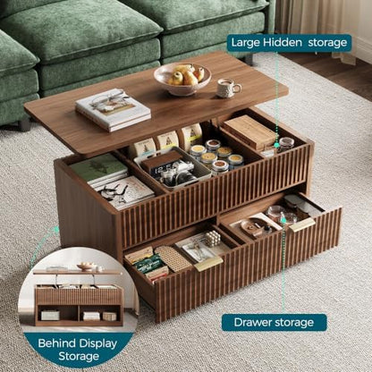 LINSY Lift Top Coffee Table with Hidden Storage, Adjustable Shelf, Walnut | Modern Farmhouse Wood Coffee Table for Living Room with Metal Handles, Fluted Design