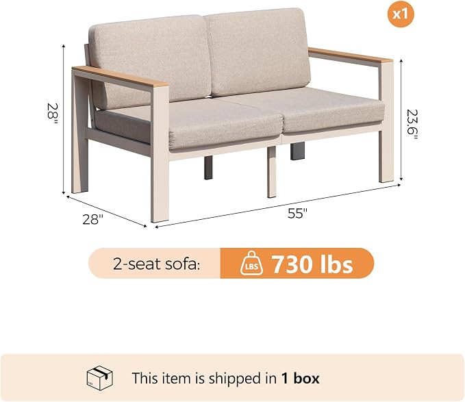 Aluminum Outdoor Loveseat,2-Seat Patio Furniture Loveseat with 1.5mm Thick Powder-Coated Frame, Anti-Hot Armrest & Waterproof Removable Cushions, Weather Resistant Outdoor Sofa for Backyard Porch