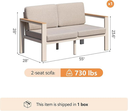 Aluminum Outdoor Loveseat,2-Seat Patio Furniture Loveseat with 1.5mm Thick Powder-Coated Frame, Anti-Hot Armrest & Waterproof Removable Cushions, Weather Resistant Outdoor Sofa for Backyard Porch
