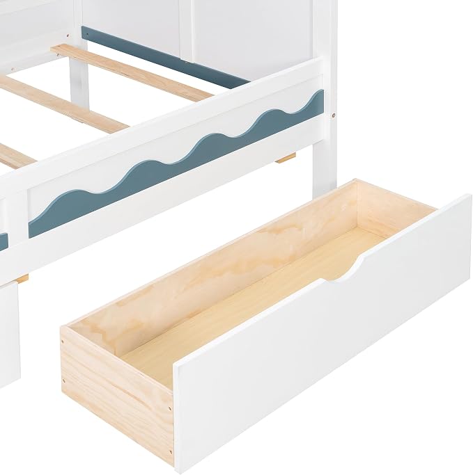 Virubi Twin House Bunk Bed with Stairs and Drawers,Wood Castle Bed with Storage Drawers Shelves& LED Lights (Twin Over Twin,White)