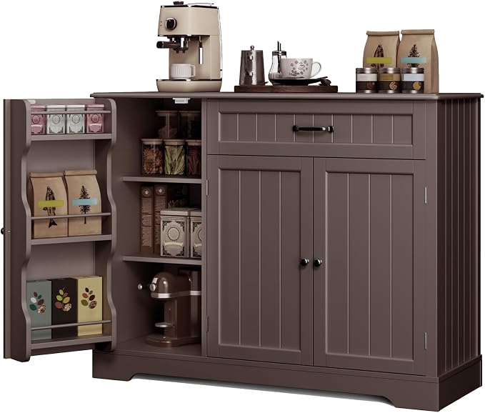 Gizoon Kitchen Coffee Bar Cabinet with Storage Kitchen Sideboard Buffet Cabinet with Drawers, Short Pantry with Door and Shelves for Bathroom and Living Room, Dark Brown, Painted