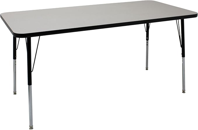 FDP Rectangle Activity School and Office Table (30 x 60 inch), Standard Legs with Swivel Glides, Adjustable Height 19-30 inches; Quick Ship Single Box - Gray Top and Black Edge