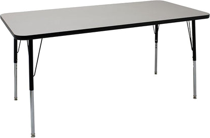 FDP Rectangle Activity School and Office Table (30 x 60 inch), Standard Legs with Swivel Glides, Adjustable Height 19-30 inches; Quick Ship Single Box - Gray Top and Black Edge