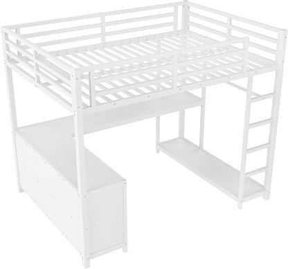 Bellemave Full Size loft Bed with L Desk, Wardrobe, Metal Full Loft Bed Frame for Adults, Kids, Teens, White