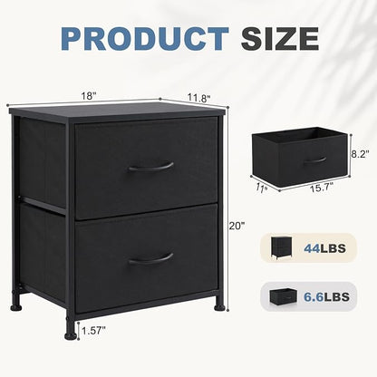 DUMOS Nightstand Set of 2, Small Dresser with 2 Fabric Drawers, End Table | Bedroom Kids Bedside Storage Furniture for 25 inch Tall Night Stand, Dorm, Ink