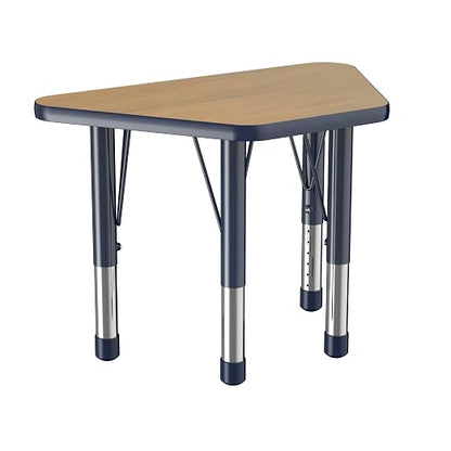 Factory Direct Partners FDP Trapezoid (18 x 30 inch) Classroom Table with Adjustable Chunky Toddler Legs (15-24 in) Preschool, Kinder and Daycare Furniture - Pasadena Oak Top/Navy Edge and Legs