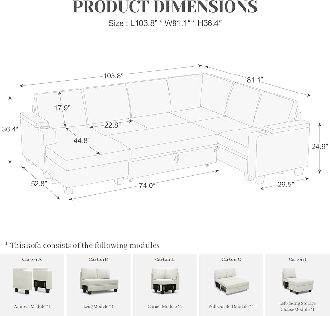 Belffin Sleeper Sofa Modular Sectional Pull Out Couch Bed U Shaped Sofa Couch for Living Room with Storage Chaise. White