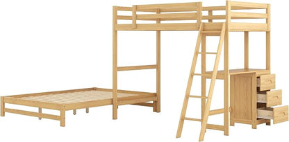 Ball & Cast Twin Over Full Bunk Bed with Safty Guardrail & Stair,Solid Wood Construction W/Built-in Desk & 3 Drawers,Can Divided Into 2 Bedframe,Easy Assembly,for Boy Girl Teen Adult Bedroom,Natural