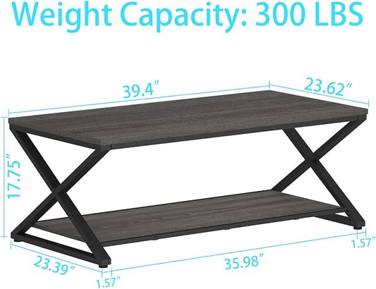 HSH Gray Storage Coffee Table, Modern Center Table for Living Room with Display Shelf, Simple Metal Wooden Rectangle Cocktail Tea Table, Minimalist Home Office Bedroom 2 Tier Coffee Table, 39 Inch