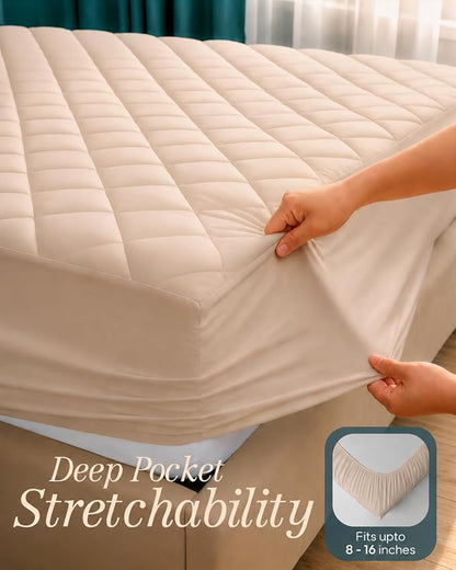 Quilted Fitted Mattress Pad, Twin Mattress Protector Topper with Deep Pocket Stretches up to 16 Inches, Machine Washable Mattress Cover by Utopia Bedding (Beige)