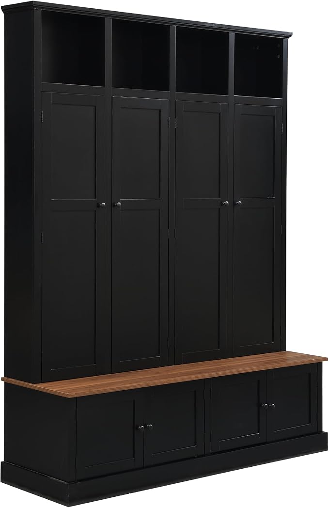 Hall Tree with Bench and Shoe Storage,Shoe and Coat Rack with Drawer and Hooks,Farmhouse Furniture for Entryway,Mudroom,Living Room,Black (Black, 59" W)