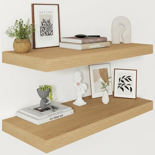 Vivelove 12 Inch Deep Floating Shelves 30 inch Long, 2 Inch Thick Wall Shelves with Invisible Brackets, Shelf for Bedroom Bathroom Living Room Kitchen Office Home Decor, Modern Shelf Set of 2, Oak