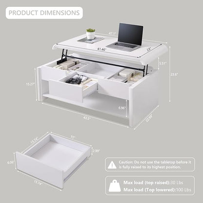 Aitjunz 47" Lift Top Coffee Table with Storage, Modern Coffee Table with Pull-Out Drawer and Two-Tier Storage, Rectangle Wood Center Table w/Curved Profile Design for Living Room, White