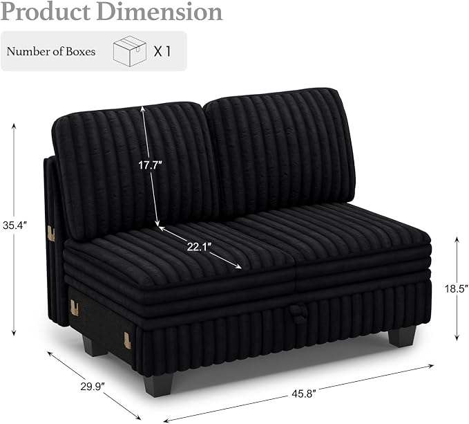 Belffin Corduroy Fabric Loveseat Module for Modular Sectional Couch for Living Room 2 Seater Modular with Storage Black Couch
