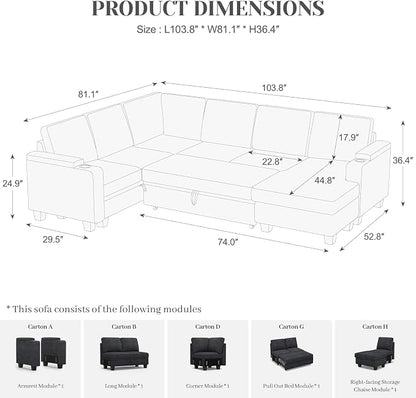 Belffin Sleeper Sofa Modular Sectional Pull Out Couch Bed U Shaped Sofa Couch for Living Room with Storage Chaise. Dark Grey