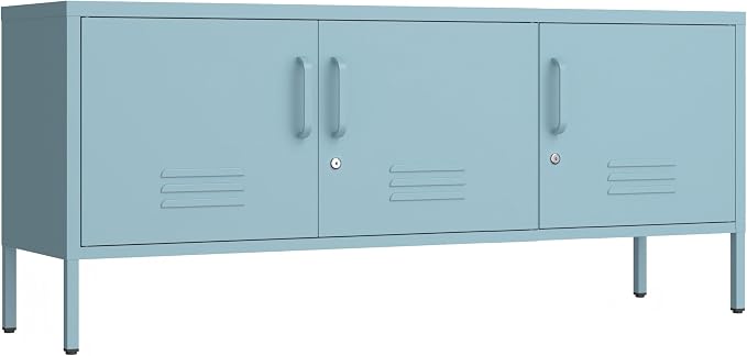 3 Door Lockable Metal TV Stand Storage Cabinet with Accent Cabinet Locker, Wide Heavy Duty Media Console for Large 100+ Inch TVs, Home Office Entertainment Center, Blue 22"H X 47.3"W X 13.8"D