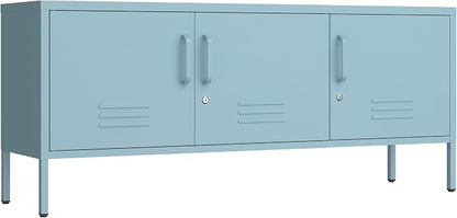 3 Door Lockable Metal TV Stand Storage Cabinet with Accent Cabinet Locker, Wide Heavy Duty Media Console for Large 100+ Inch TVs, Home Office Entertainment Center, Blue 22"H X 47.3"W X 13.8"D