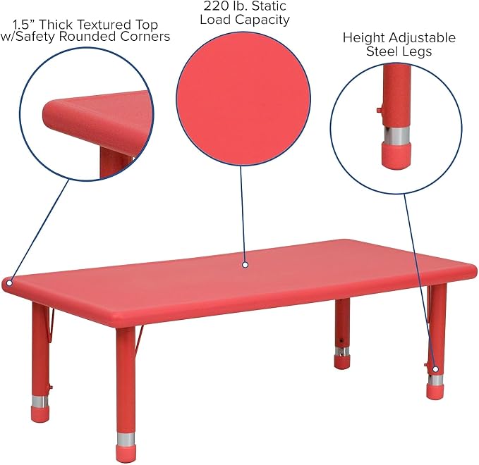 Flash Furniture Wren 24''W x 48''L Rectangular Red Plastic Height Adjustable Activity Table