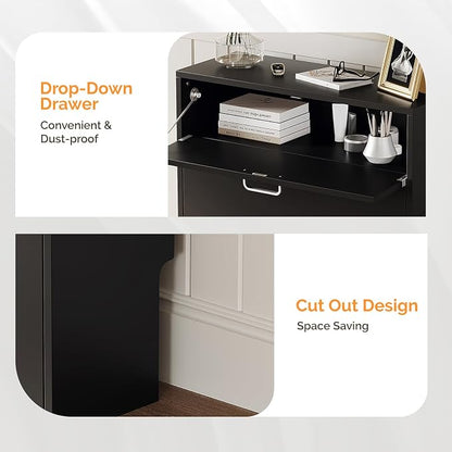 VINGLI Shoe Cabinet Storage for Entryway with 2 Flip &1Drop-Down Drawers | 24.8" W Narrow Slim,Modern Black Color,Holds 8–12 Pairs of Shoes,Smart Baseboard Cut-Out Design,9.45" Depth