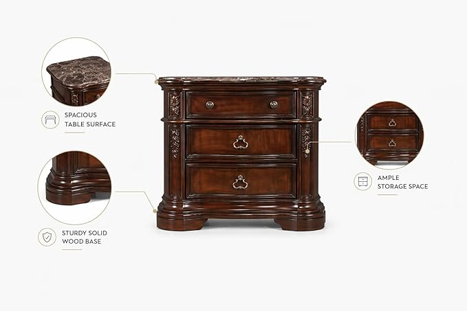 First of a Kind Barney’s Traditional Walnut Nightstand with Marble Top 3 Drawer Wood Bedside Table 32 Inch Curved Frame Circle Knobs Ornate Handles Classic Bedroom Furniture