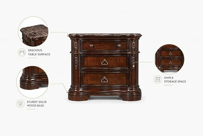 First of a Kind Barney’s Traditional Walnut Nightstand with Marble Top 3 Drawer Wood Bedside Table 32 Inch Curved Frame Circle Knobs Ornate Handles Classic Bedroom Furniture