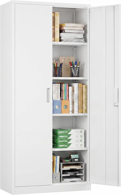 SUXXAN Metal Storage Cabinet with Doors and Shelves, 71" H Locking Steel Garage Cabinet for Home Office Studio Pantry, Tall Tool File Cabinet Assembly Require, White