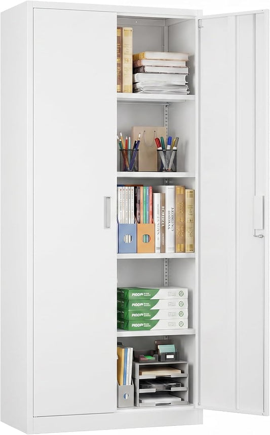 SUXXAN Metal Storage Cabinet with Doors and Shelves, 71" H Locking Steel Garage Cabinet for Home Office Studio Pantry, Tall Tool File Cabinet Assembly Require, White
