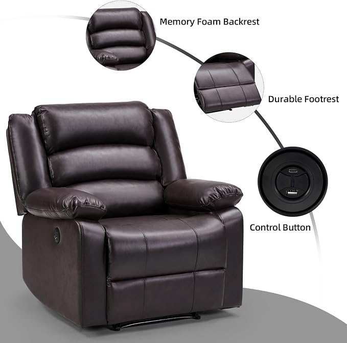 EBELLO Faux Leather Classic Power Recliner Chair, Oversized Electric Overstuffed Reclining Chair with Soft Cushion and Back, Sofa with Comfortable Armchair, Classic Brown, 2Pcs