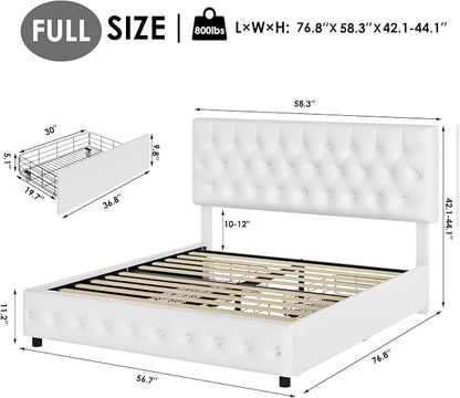 Keyluv Full Size Upholstered Platform Bed Frame with 4 Storage Drawers, Modern White Faux Leather Bed with Adjustable Button Tufted Headboard, Solid Wooden Slat Support, Easy Assembly