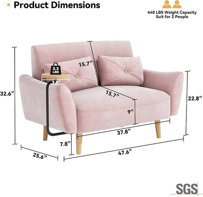 Brelice Loveseat Sofa, 47" Velvet Couch for Bedroom, Convertible Wooden Tray & Ergonomic Armrest, for Small Space, Apartment, Living Room, Home Office, Easy Assembly, Pink