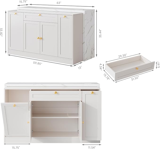 ONBRILL 63" Kitchen Island with Storage, Island Table with Power Outlet & Trash Cabinet, Kitchen Island with Marble Countertop for Kitchen, Dining Room, Living Room, White