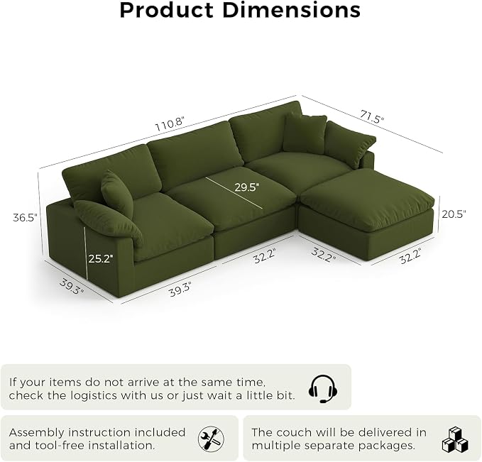Modular Sectional Sofa Cloud Couch,Down Filled Comfy Cloud Modern Sofa,Green Linen L Shape Oversized Couch Cushion Covers Removable Furniture for Living Room