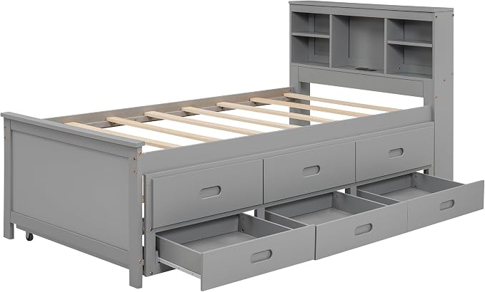 Merax Twin Size Platform Bed with Storage Headboard, USB, Wood Bedframe with Twin Size Trundle and 3 Drawers, Grey