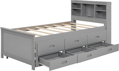 Merax Twin Size Platform Bed with Storage Headboard, USB, Wood Bedframe with Twin Size Trundle and 3 Drawers, Grey