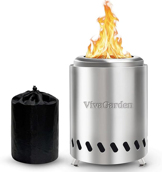 Tabletop Fire Pit Low Smoke Burning, VivaGarden Smokeless Firepit Outdoor & Patio, Safe Burning Portable Mini Table Top Firepit with Carry Bag, Silver (7.8 x 5.6 inch)
