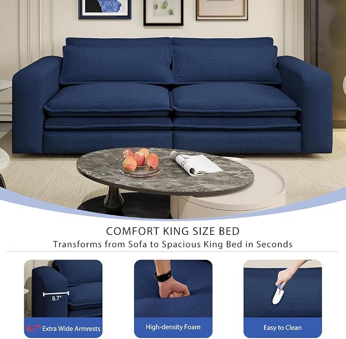93" King Pull Out Sofa Bed, Boucle Sleeper Sofa Couch, Modern Wide Armrest, 3 in 1 Convertible Futon Couches for Living Room, Small Space, Apartment, Office, Bedroom, Blue