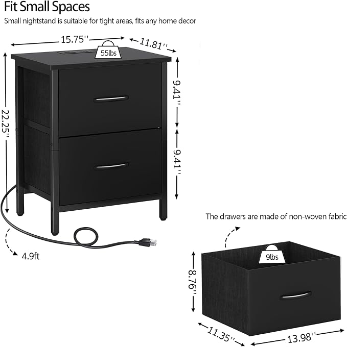 Vagusicc Nightstand Set of 2 with Charging Station, End Table Bedside Table with Power Outlet & USB Ports, Side Table with 2 Fabric Drawers for Bedroom, Living Room, Black