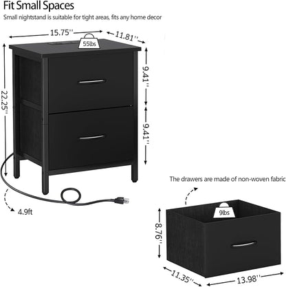 Vagusicc Nightstand Set of 2 with Charging Station, End Table Bedside Table with Power Outlet & USB Ports, Side Table with 2 Fabric Drawers for Bedroom, Living Room, Black