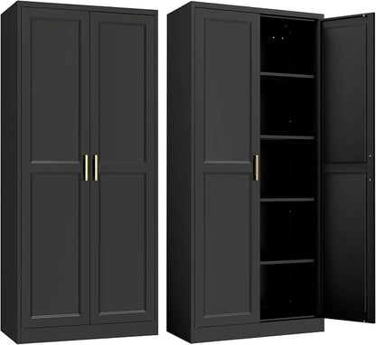 SteeLoong Kitchen Pantry Cabinet,71”Black Metal Pantry Storage Cabinet with Doors and 4 Adjustable Shelves,Kitchen Cabinet with 2 Gold Handles,Tall Cabinet for Livingroom,Pantry, Bathroom