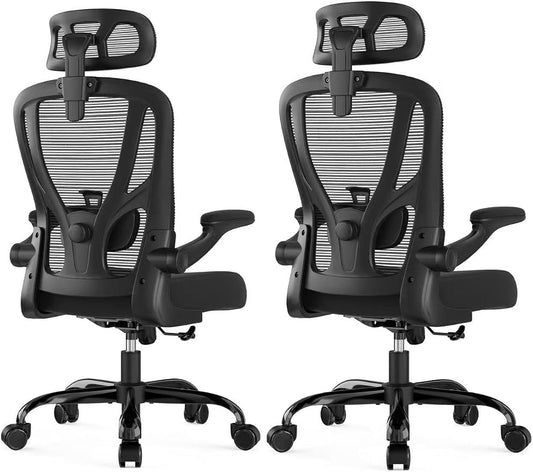 Office Chair Ergonomic Desk Chair - Mesh High Back Office Chair with Headrests Wheels Lumbar Support Home Desk Office Chairs Flip up Armrest Executive Rolling Computer Chair Black 2 Pack
