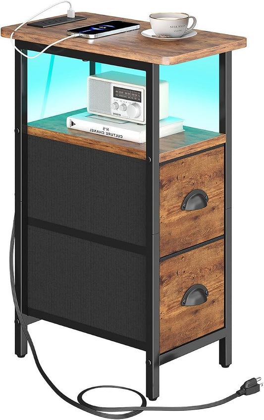 sthmec Narrow End Table with Charging Station, Narrow Side Table with 2 Fabric Drawers, LED End Table, Slim Nightstand with LED Light, Small Side Table for Small Space,Living Room,Bedroom,Rustic Brown