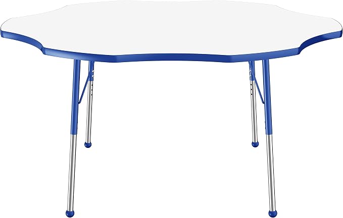 FDP Dry-Erase Flower Activity School and Office Table (60 inch), Standard Legs with Ball Glides for Collaborative Spaces, Adjustable Height 19-30 inches - Whiteboard Top, Blue Edge and Matching Legs