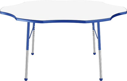 FDP Dry-Erase Flower Activity School and Office Table (60 inch), Standard Legs with Ball Glides for Collaborative Spaces, Adjustable Height 19-30 inches - Whiteboard Top, Blue Edge and Matching Legs