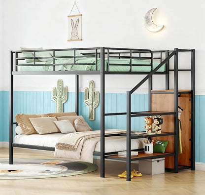 Bellemave Bunk Bed Full Over Full，Metal Bunk Bed with Storage Stairs and Wardrobe, Bunk beds for Adults/Kids/Teens, Black