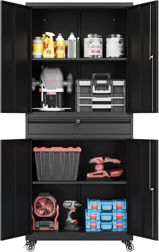 Fesbos 73" Metal Cabinet-Black Heavy Duty Rolling Storage Cabinet Steel Tool Cabinets with Wheels, Shelves, Lockable Doors and Drawers- for Garage, Pantry, Warehouse Home Office- Assembly Required