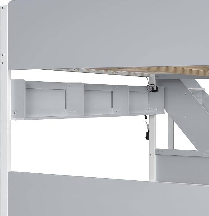 Wood Bunk Bed Full XL Over Queen with Staircase and Side Shelves | Light Strip Included, Striped-Design Stairs, Kids Teens Adults, Space-Saving Design, Versatile Bed Frame